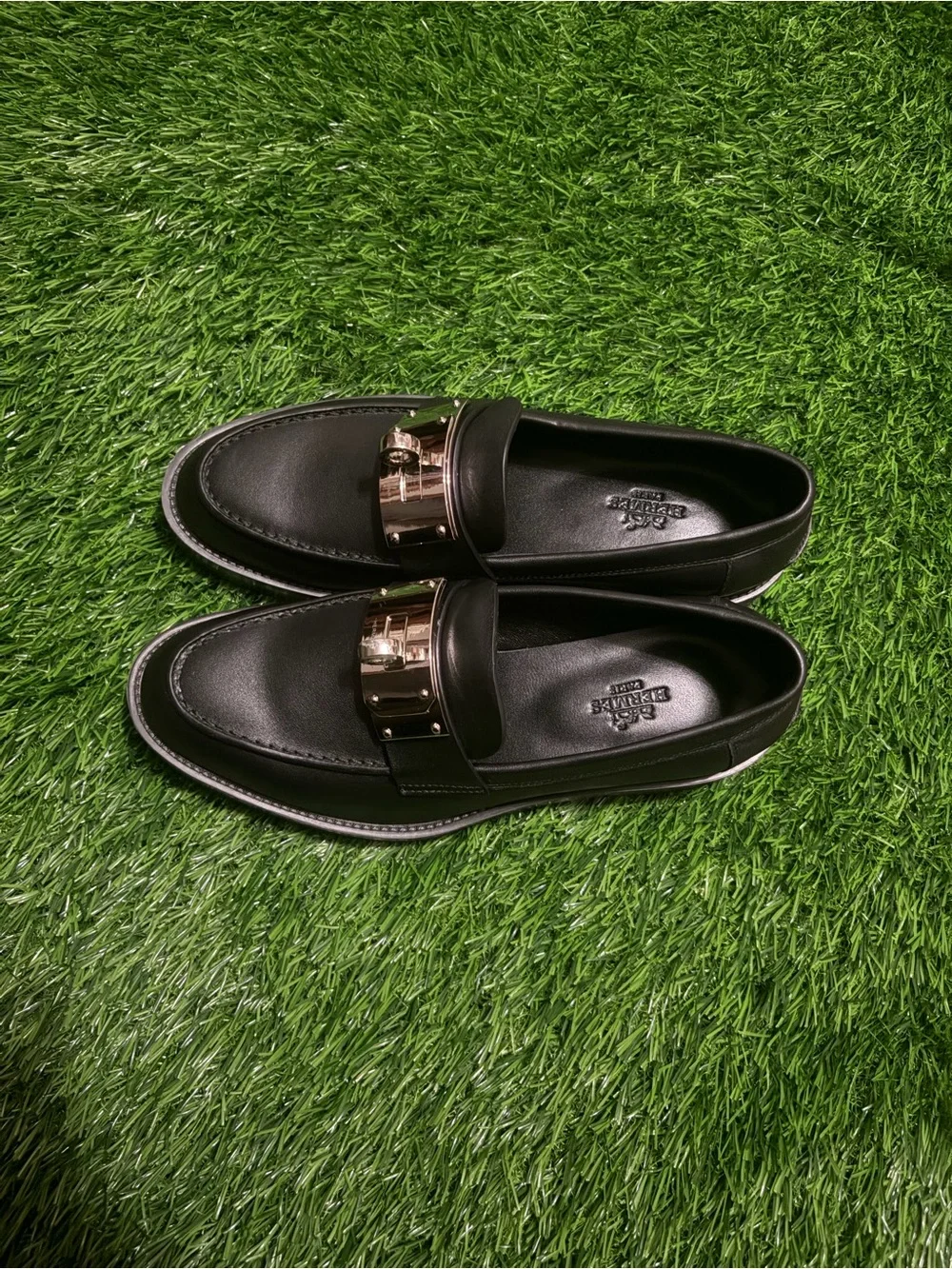 Hermes Black Leather Men's Loafers with Gold Hardware